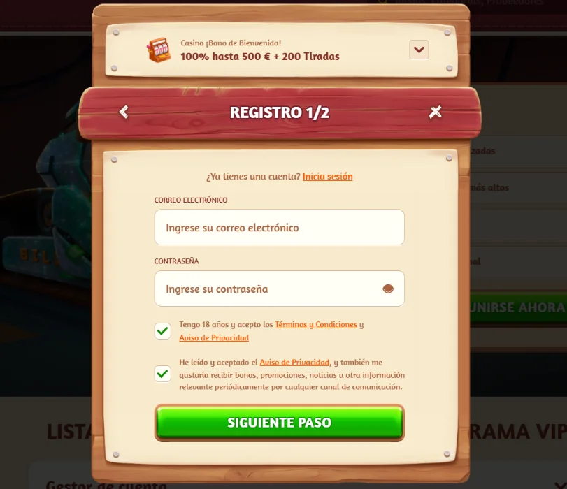 Registro y acceso en BillyBets